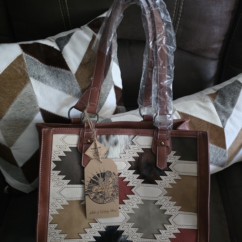 Southwest Pattern Brown Leather-Trim Tote Bag